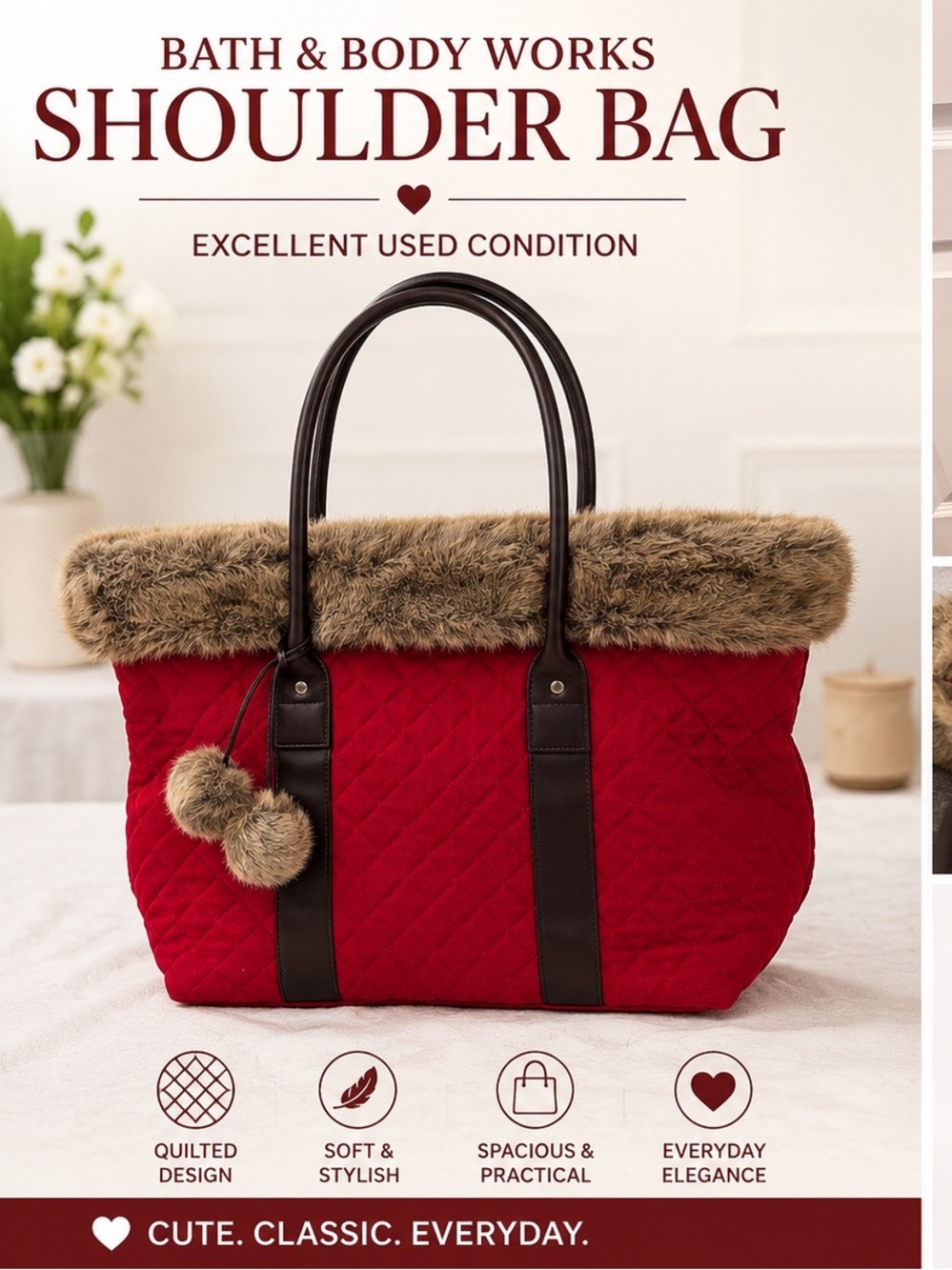 Bath & Body Works Red Quilted Tote with Faux Fur Trim 20x13 inches